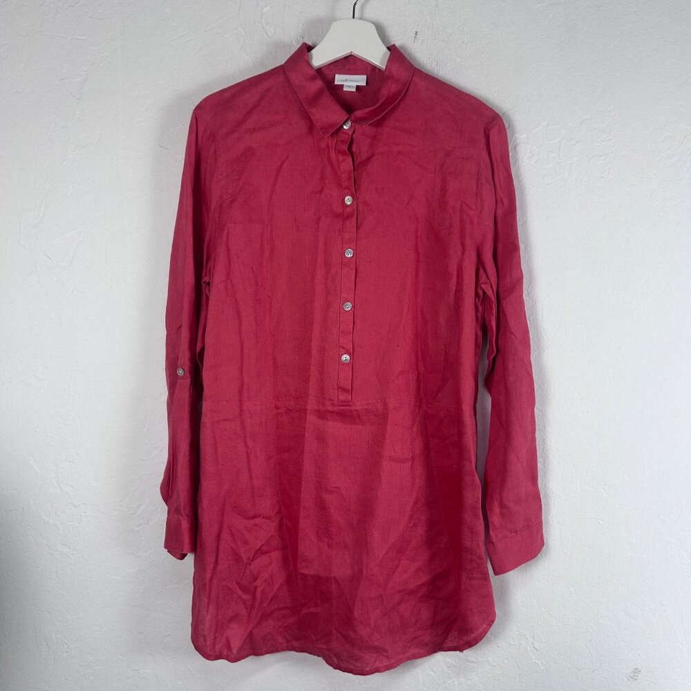 J. Jill Love Linen Womens Button-Front Long Sleeve Tunic Top Medium Red Casual